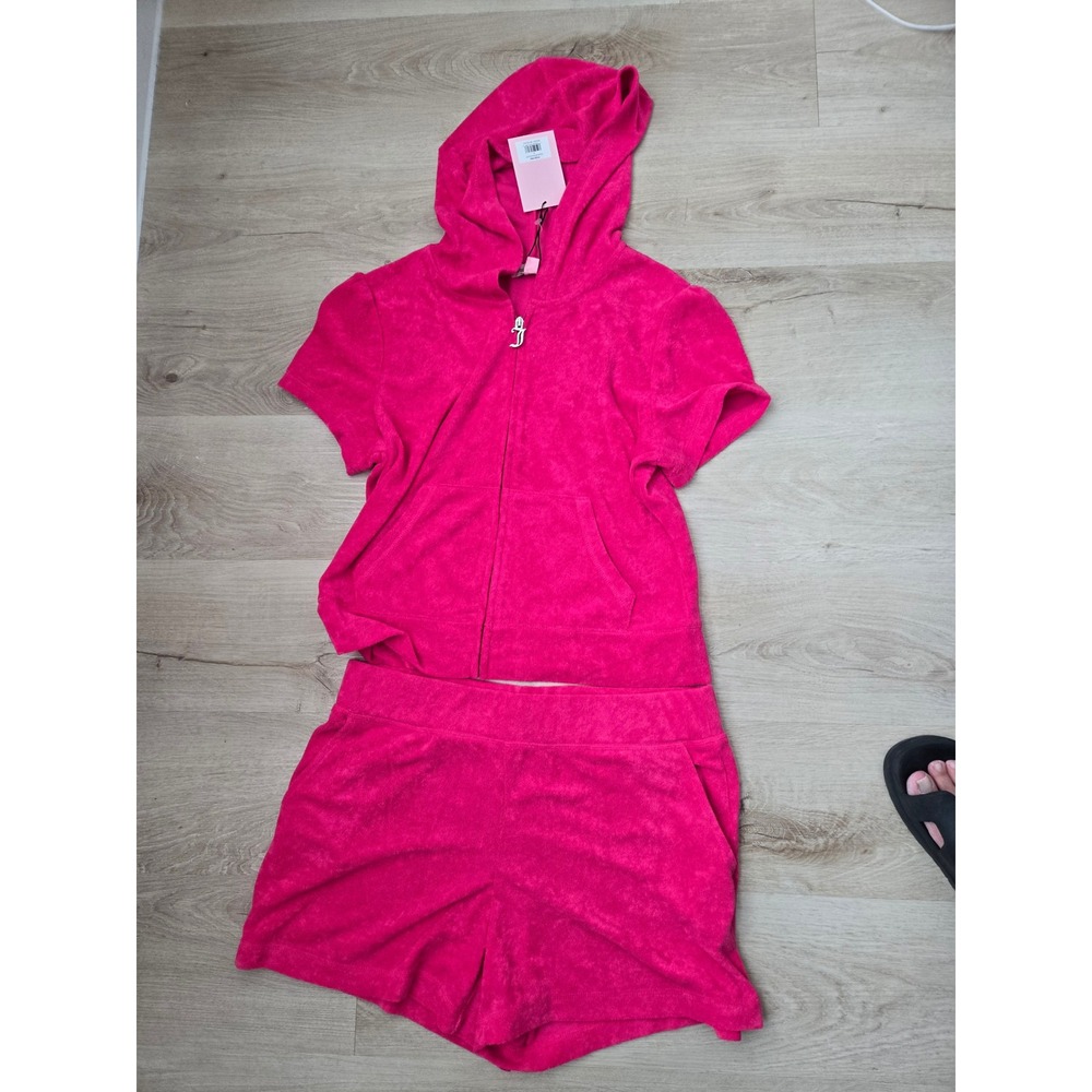 Juicy Couture Vixen Pink Terry Hoodie and Shorts Set Rhinestone Logo size Large - Picture 10 of 12